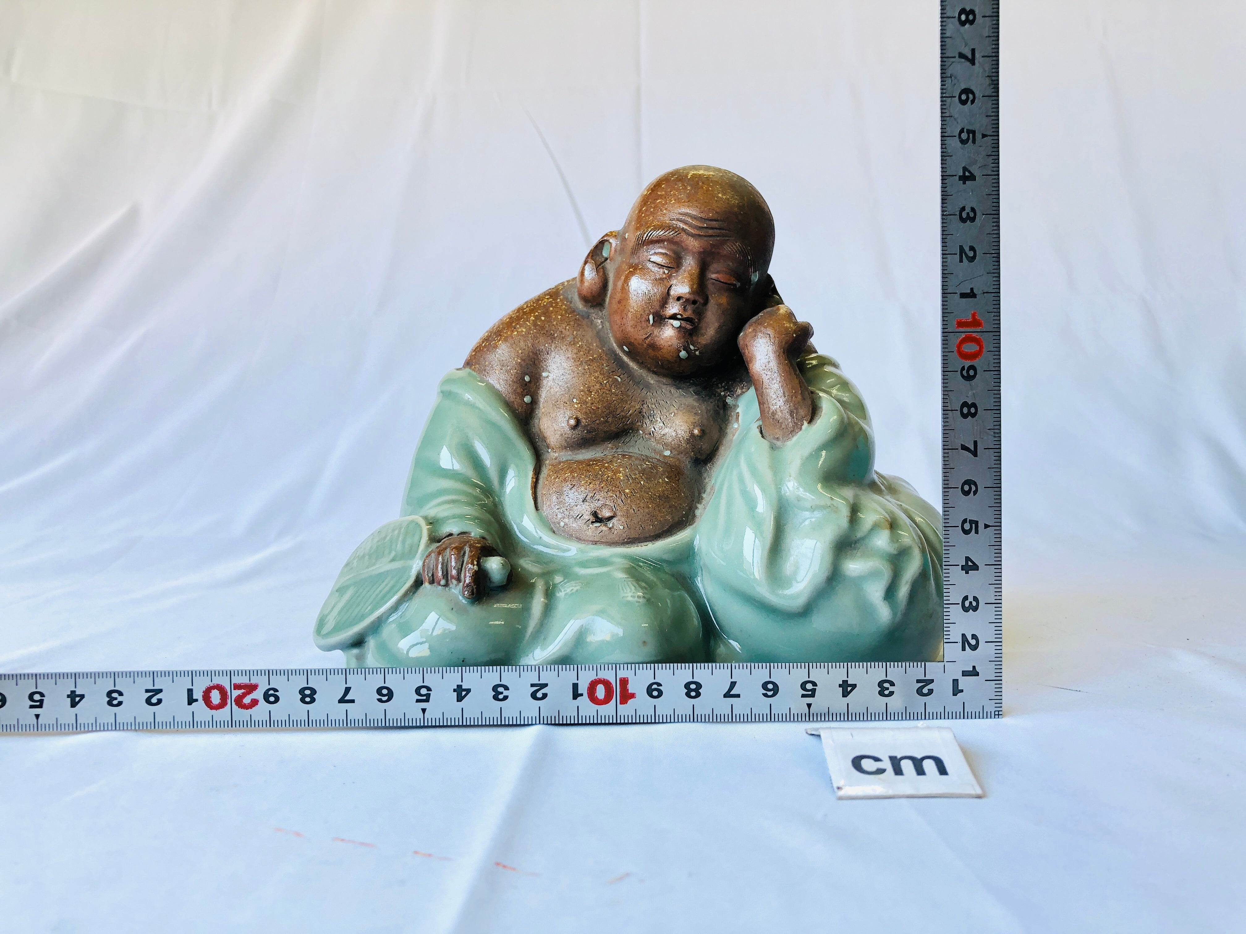 Y4533 STATUE Celadon Hotei sleeping God of Cleverness figure