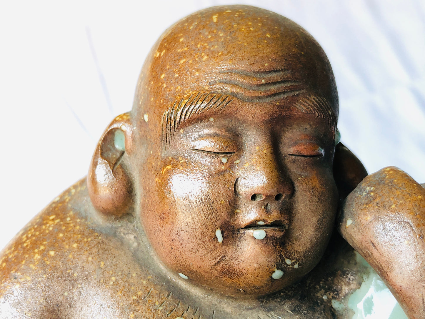 Y4533 STATUE Celadon Hotei sleeping God of Cleverness figure Japan antique decor