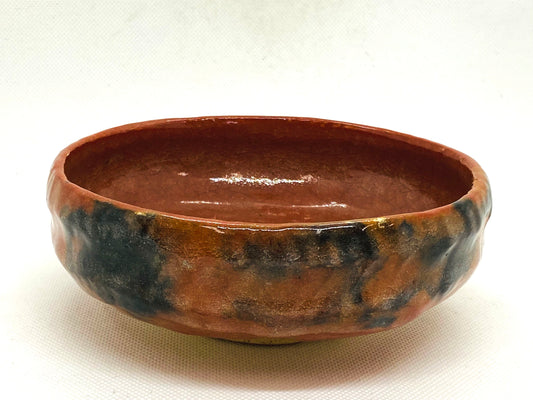 Y4572 CHAWAN Raku-ware red flat signed Japan antique tea ceremony pottery bowl