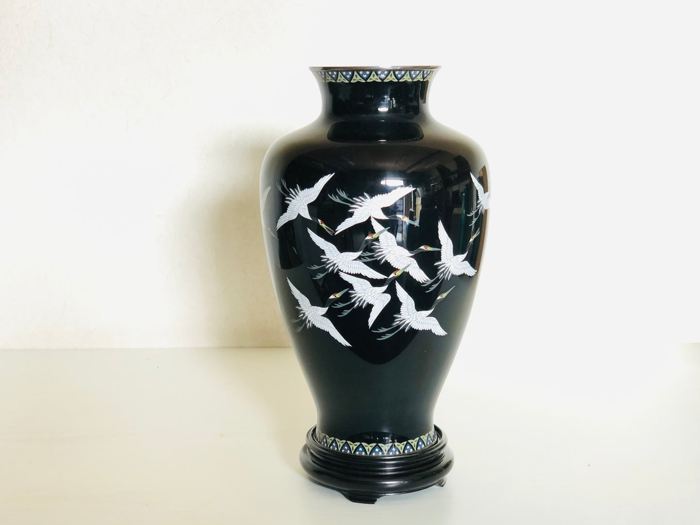 Y4576 FLOWER VASE Cloisonne black sterling silver rim box Japan ikebana antique