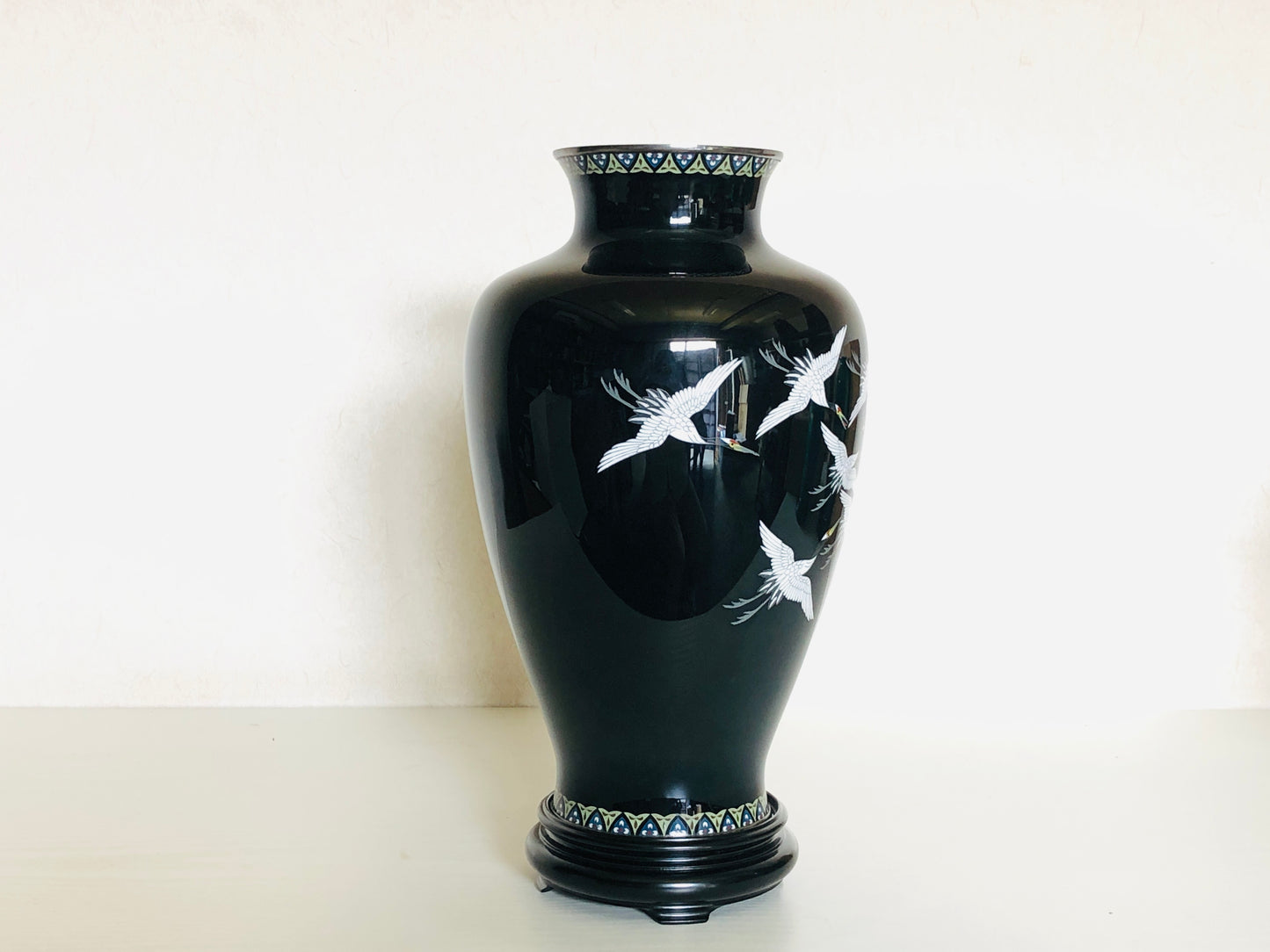 Y4576 FLOWER VASE Cloisonne black sterling silver rim box Japan ikebana antique