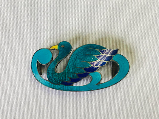 Y4604 OBIDOME Cloisonne Sash Clip brooch swan bird Japan Kimono antique vintage
