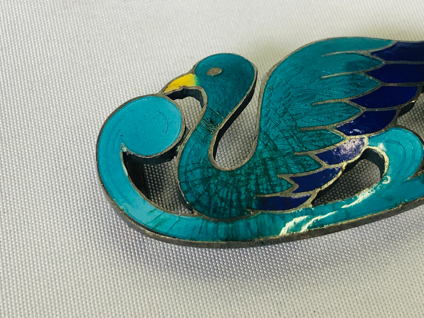 Y4604 OBIDOME Cloisonne Sash Clip brooch swan bird Japan Kimono antique vintage