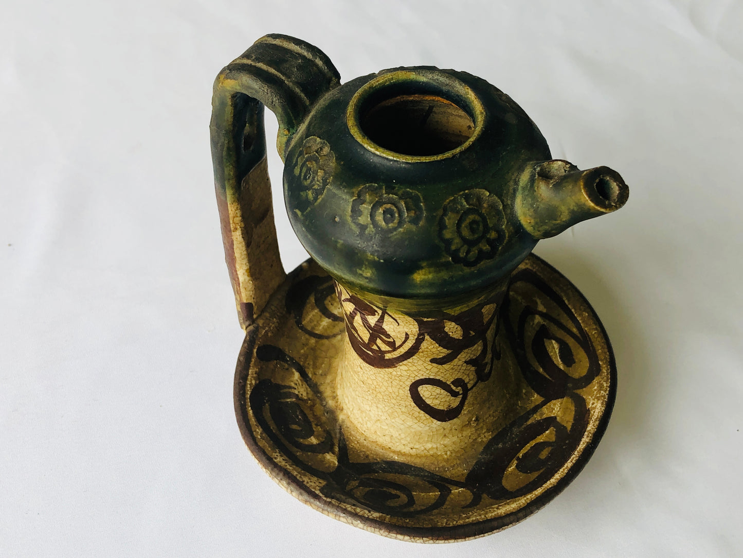 Y4609 POT Oribe-ware oil feeder bottle oilcan Japan antique vintage tableware