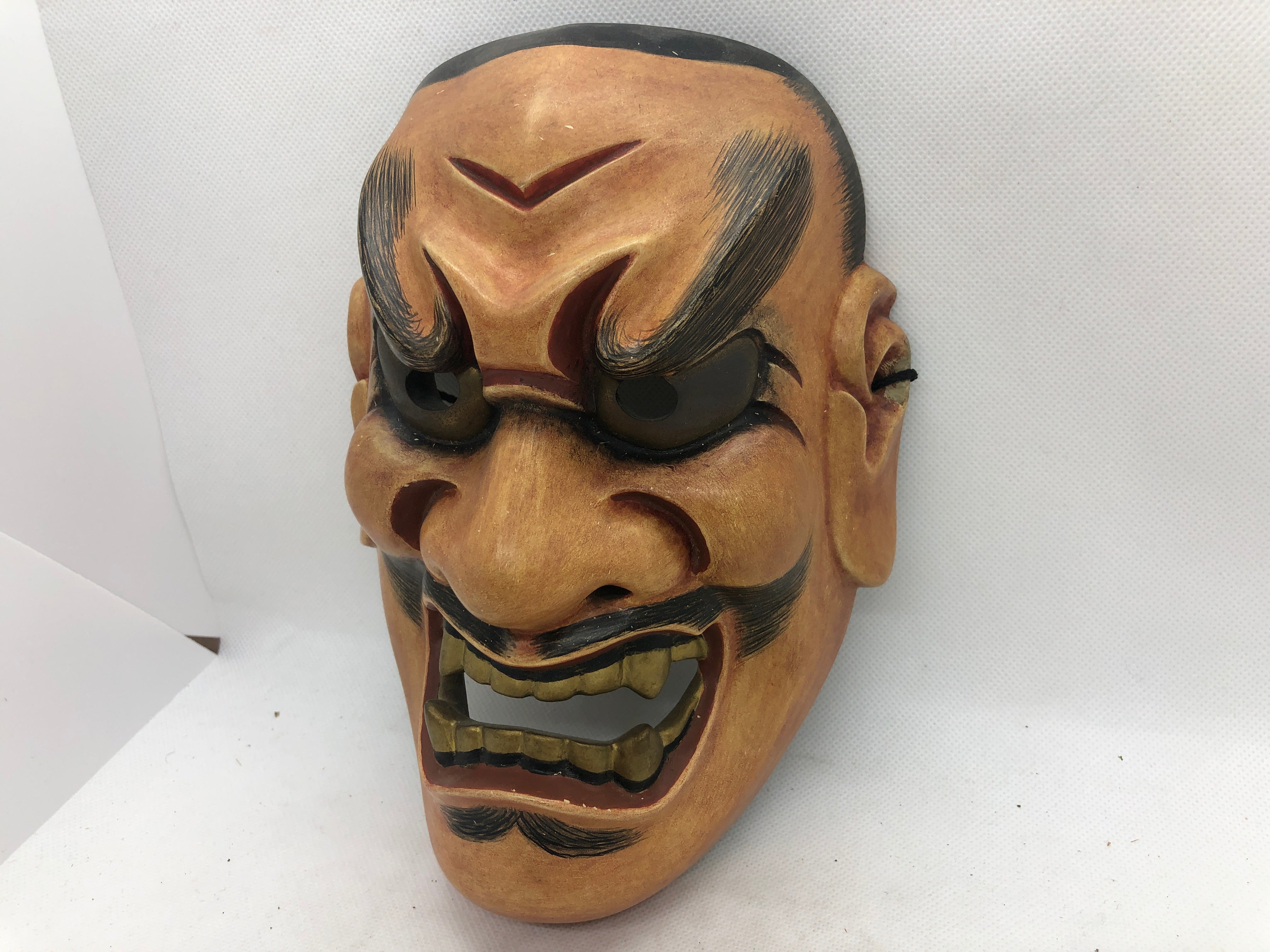 Y4664 NOH MASK wood carving Shikami signed Japan antique omen