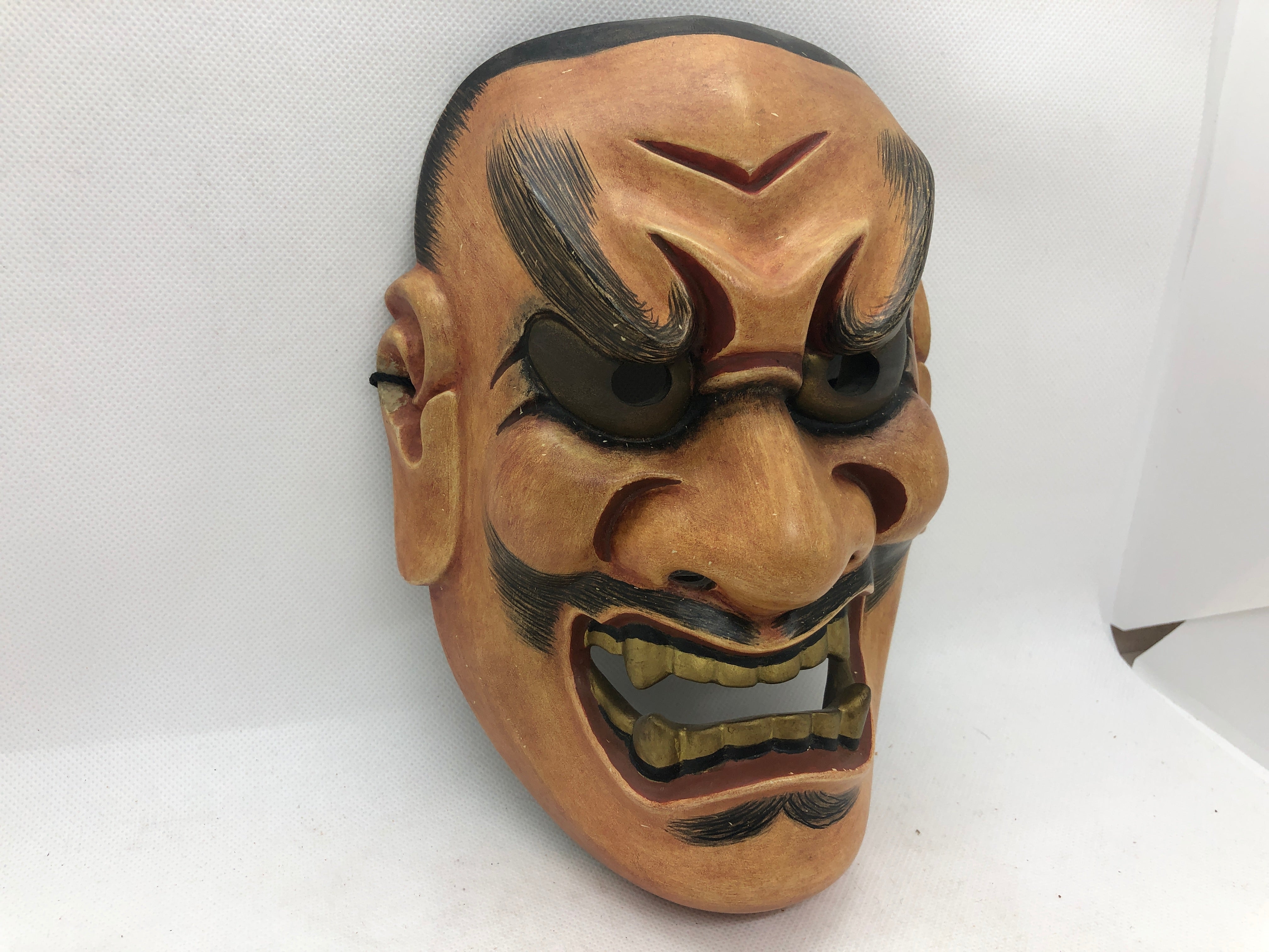 Y4664 NOH MASK wood carving Shikami signed Japan antique omen