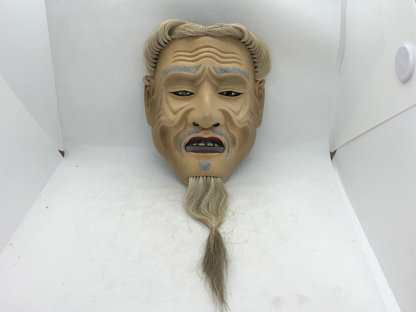 Y4666 NOH MASK wood carving Akobujo signed Japan antique omen dance drama