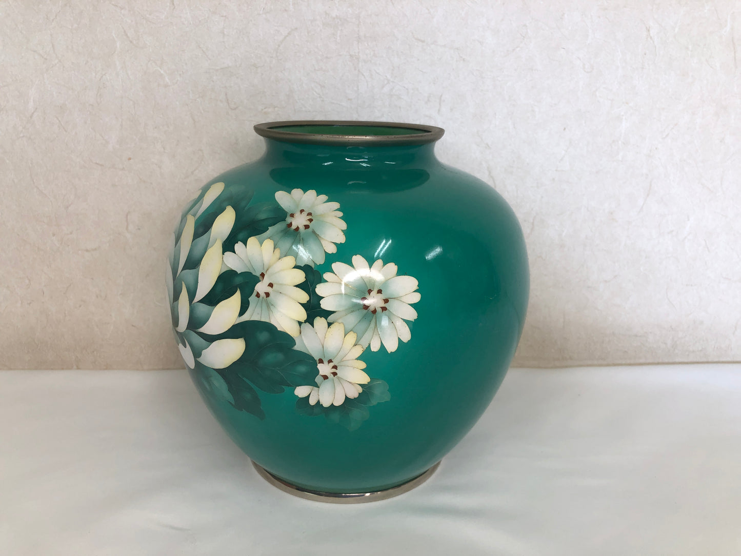 Y4693 FLOWER VASE Cloisonne green peony box Japan ikebana antique interior