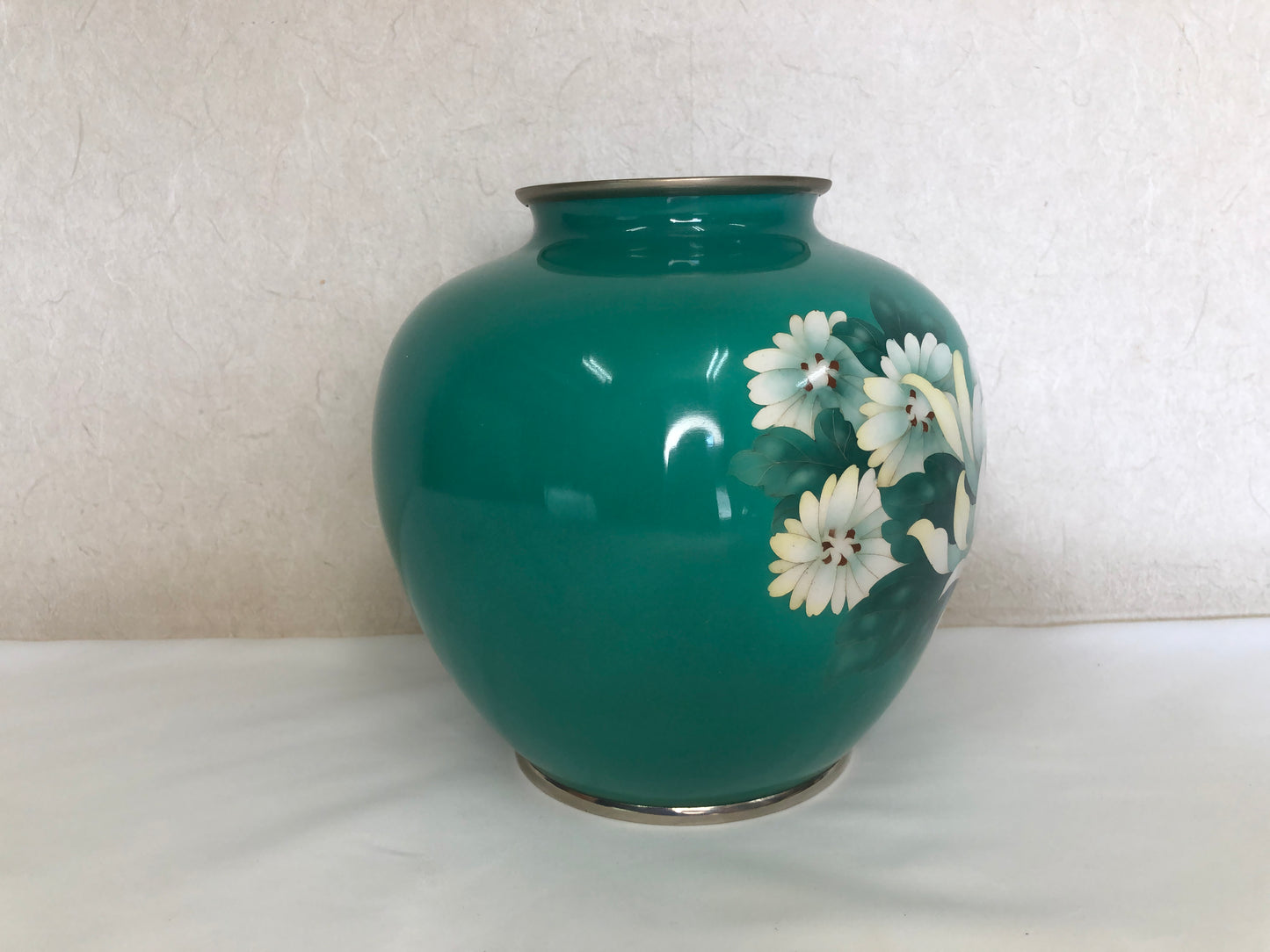 Y4693 FLOWER VASE Cloisonne green peony box Japan ikebana antique interior