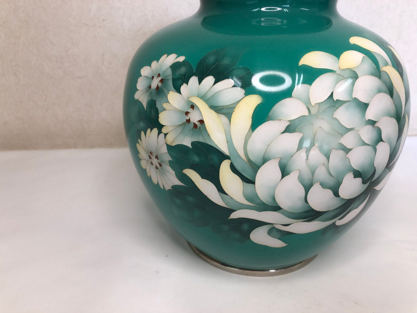 Y4693 FLOWER VASE Cloisonne green peony box Japan ikebana antique interior