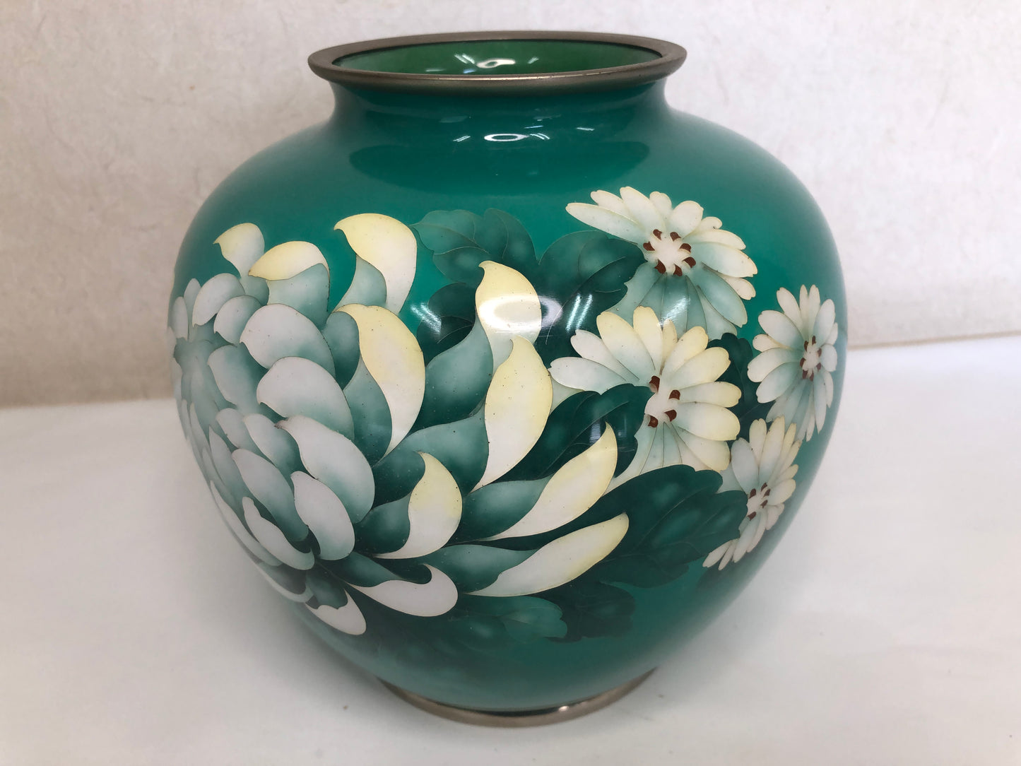 Y4693 FLOWER VASE Cloisonne green peony box Japan ikebana antique interior