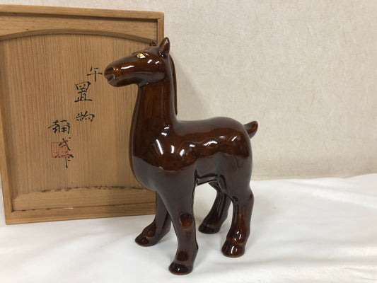 Y4707 OKIMONO Kyo-ware Horse figure signed box Japan antique figurine interior