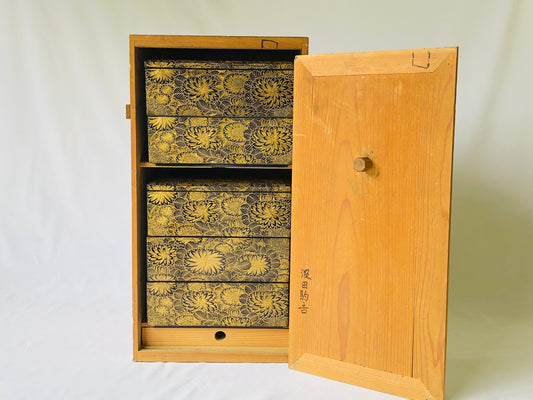 Y4756 BOX 5-tier stack box flower Makie gold-inlayed lacquer Japan antique