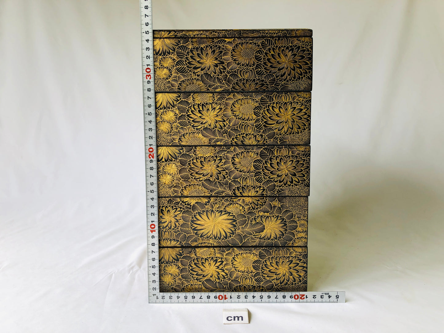 Y4756 BOX 5-tier stack box flower Makie gold-inlayed lacquer Japan antique