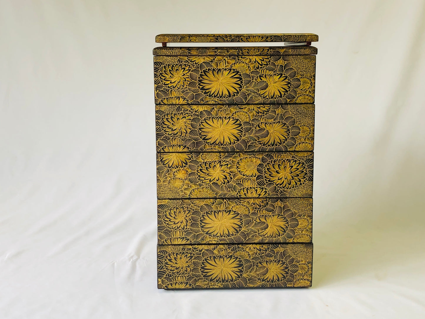 Y4756 BOX 5-tier stack box flower Makie gold-inlayed lacquer Japan antique