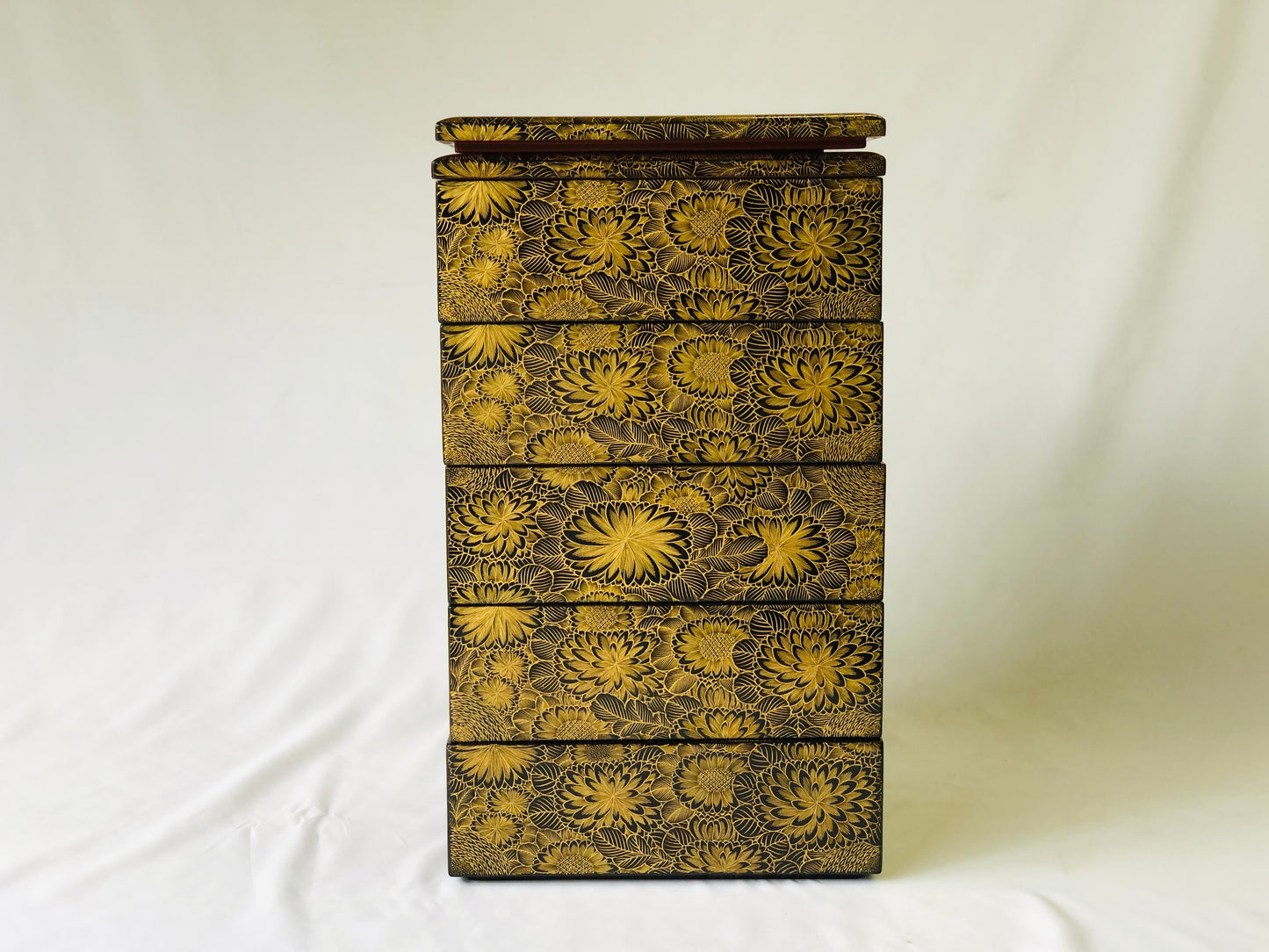 Y4756 BOX 5-tier stack box flower Makie gold-inlayed lacquer Japan antique