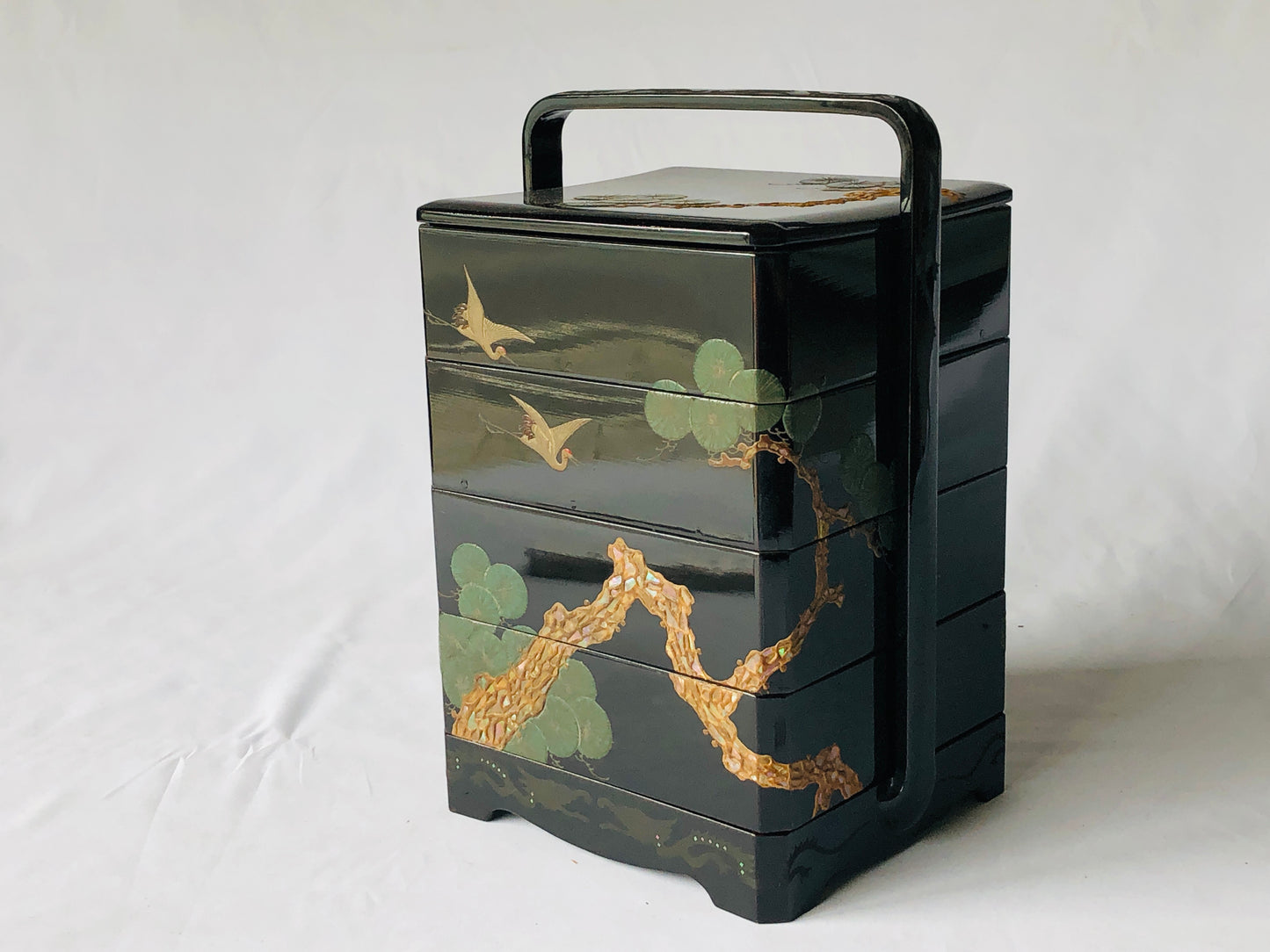 Y4758 BOX 4-tier container handle Crane Japan antique vintage case storage