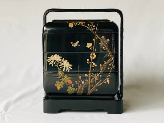 Y4759 BOX 3-tier container handle flower Japan antique vintage case storage