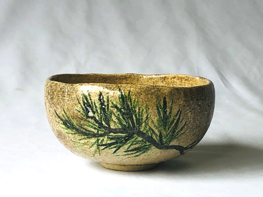 Y4766 CHAWAN Raku-ware white flat pine Japan antique tea ceremony pottery bowl