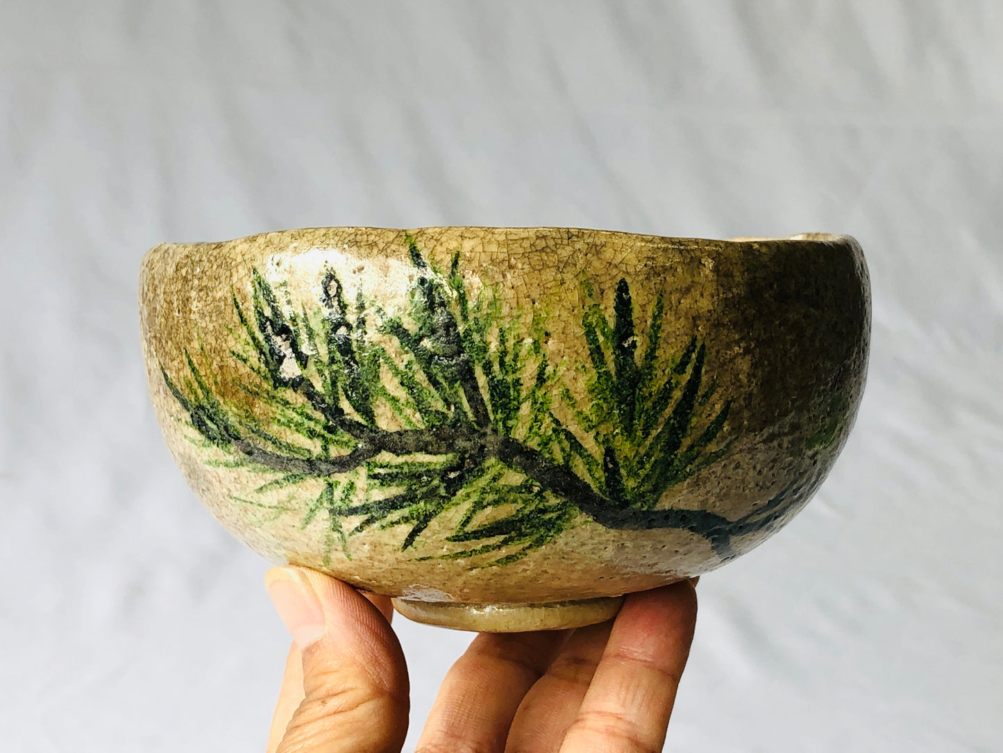 Y4766 CHAWAN Raku-ware white flat pine Japan antique tea ceremony pottery bowl