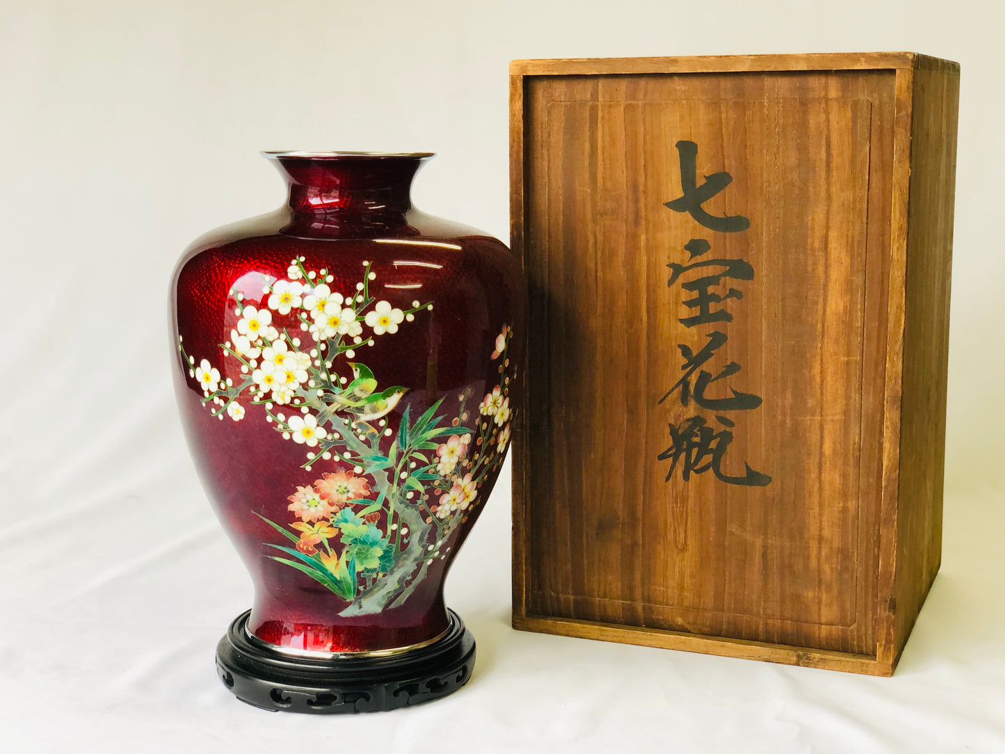 Y4775 FLOWER VASE Cloisonne red bird box Japan ikebana antique interior decor