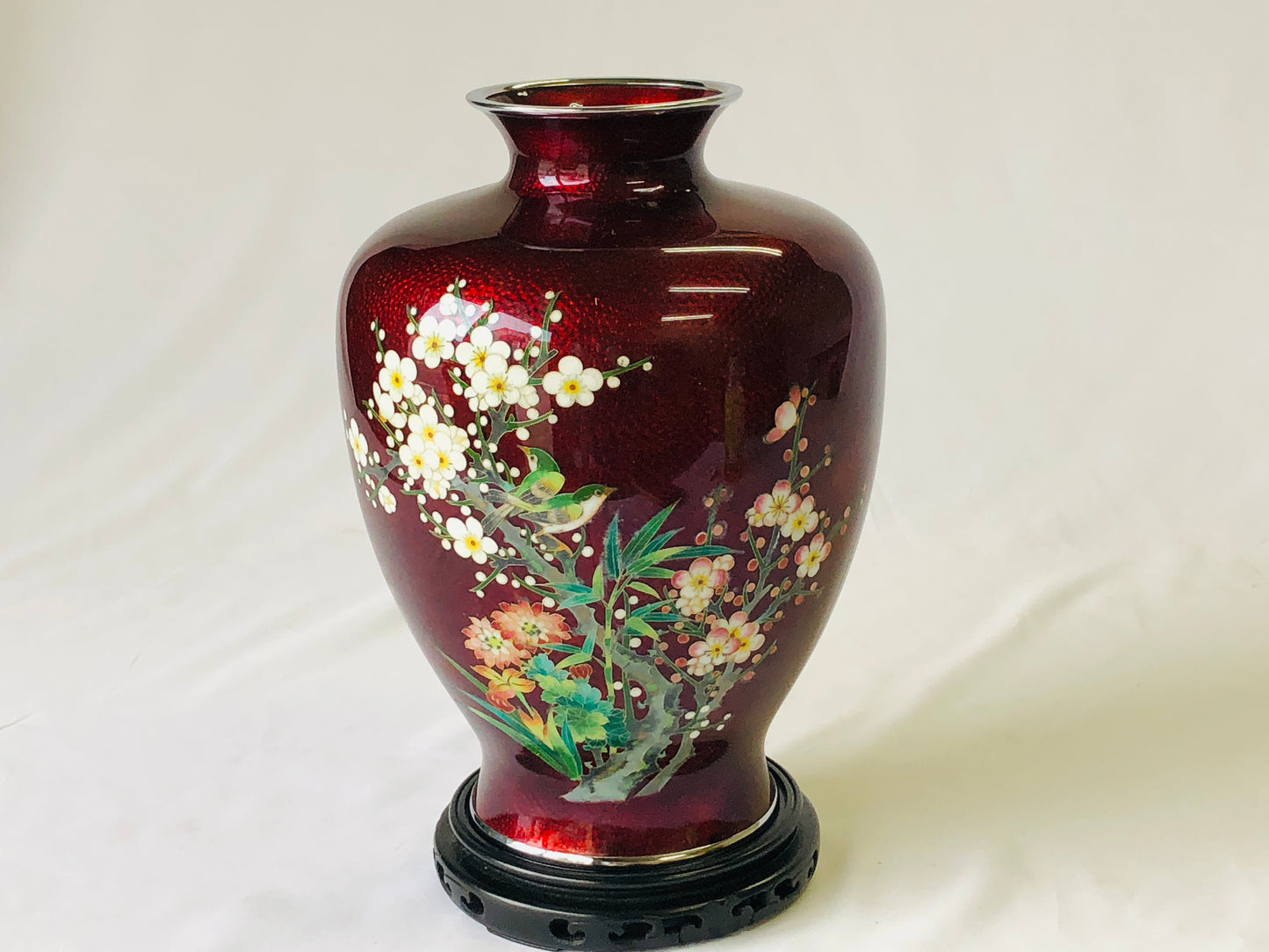 Y4775 FLOWER VASE Cloisonne red bird box Japan ikebana antique interior decor