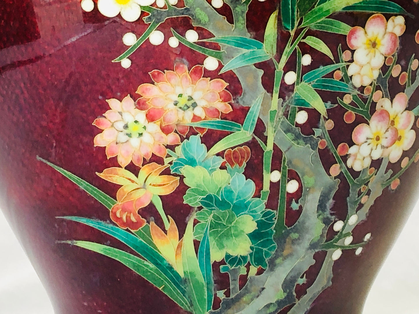 Y4775 FLOWER VASE Cloisonne red bird box Japan ikebana antique interior decor