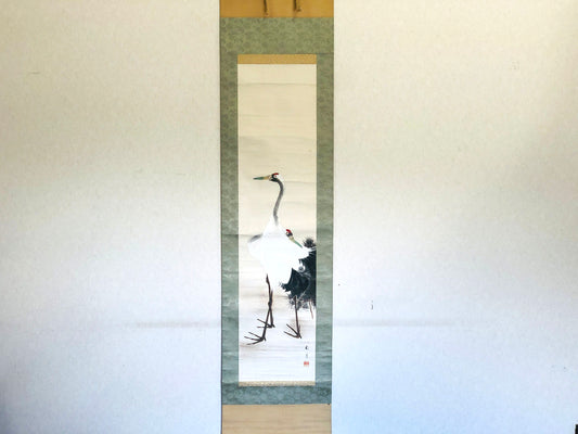 Y4776 KAKEJIKU Crane signed box Japan hanging scroll interior antique wall decor