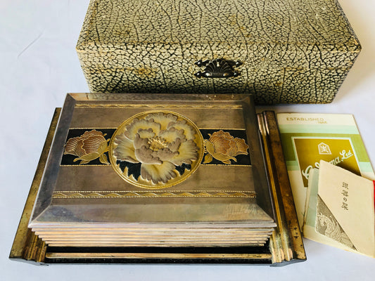 Y4810 BOX Silver Accessory case flower signed Japan antique vintage storage