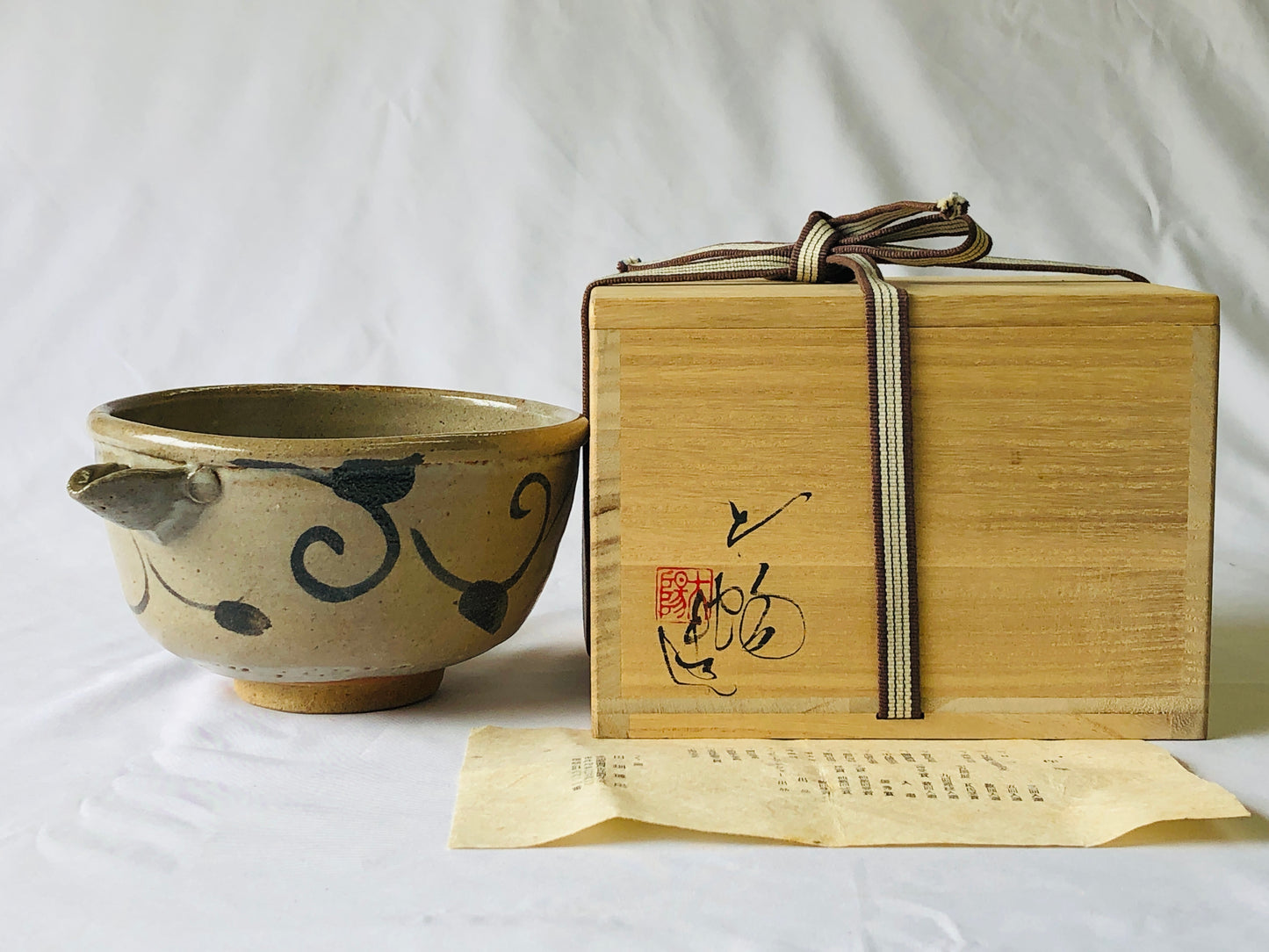 Y4830 CHOUSHI Karatsu-ware katakuchi signed box Japan antique serving vessel