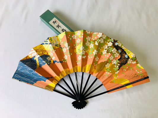 Y4881 SENSU Folding fan double-sided flower box Japan antique vintage kimono