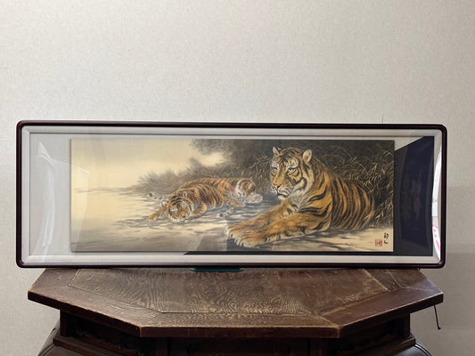 Y4939 FRAME Tiger cub signed horizontal Japan antique wall decor interior