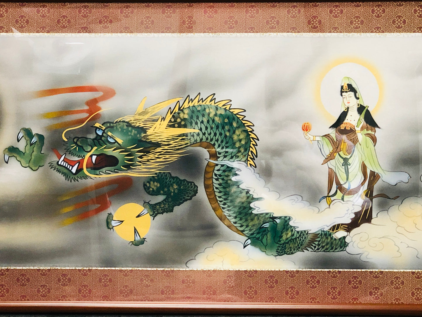 Y4940 FRAME Dragon Kannon signed horizontal Japan antique wall decor interior