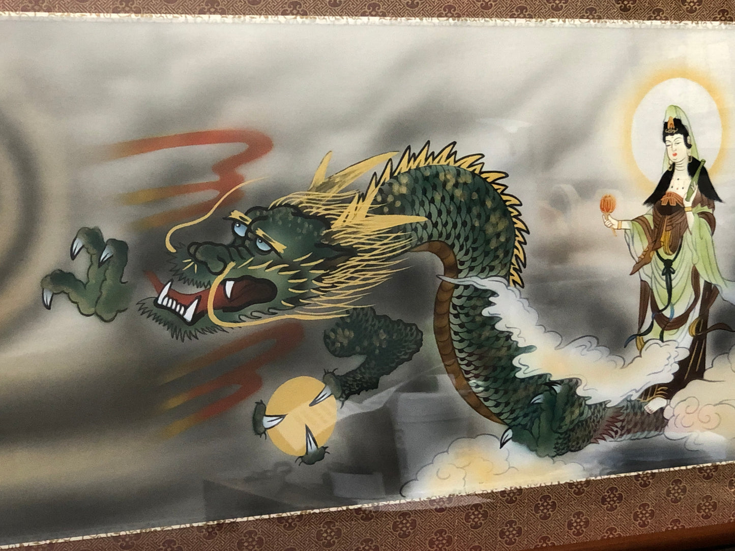 Y4940 FRAME Dragon Kannon signed horizontal Japan antique wall decor interior