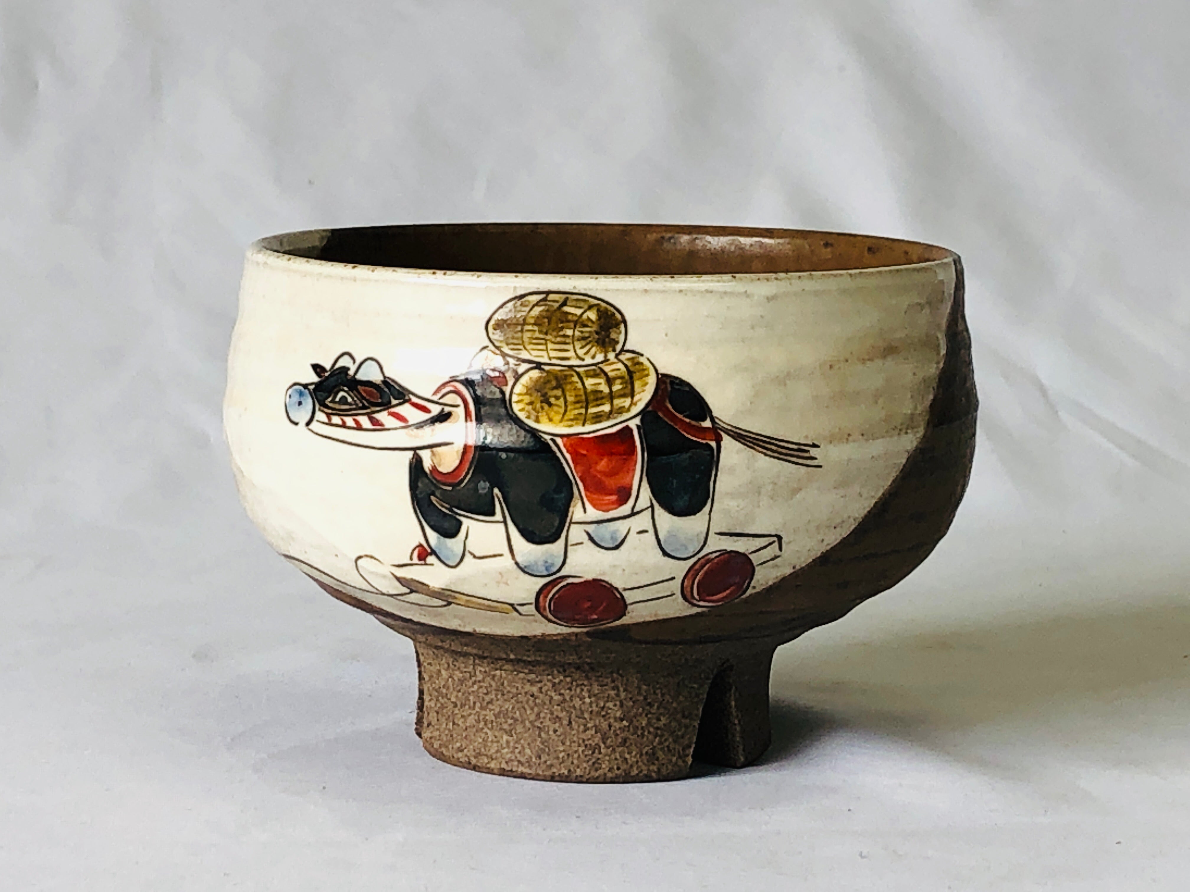 Y5011 CHAWAN Kyo-ware signed color picture Japan antique tea ceremony ...
