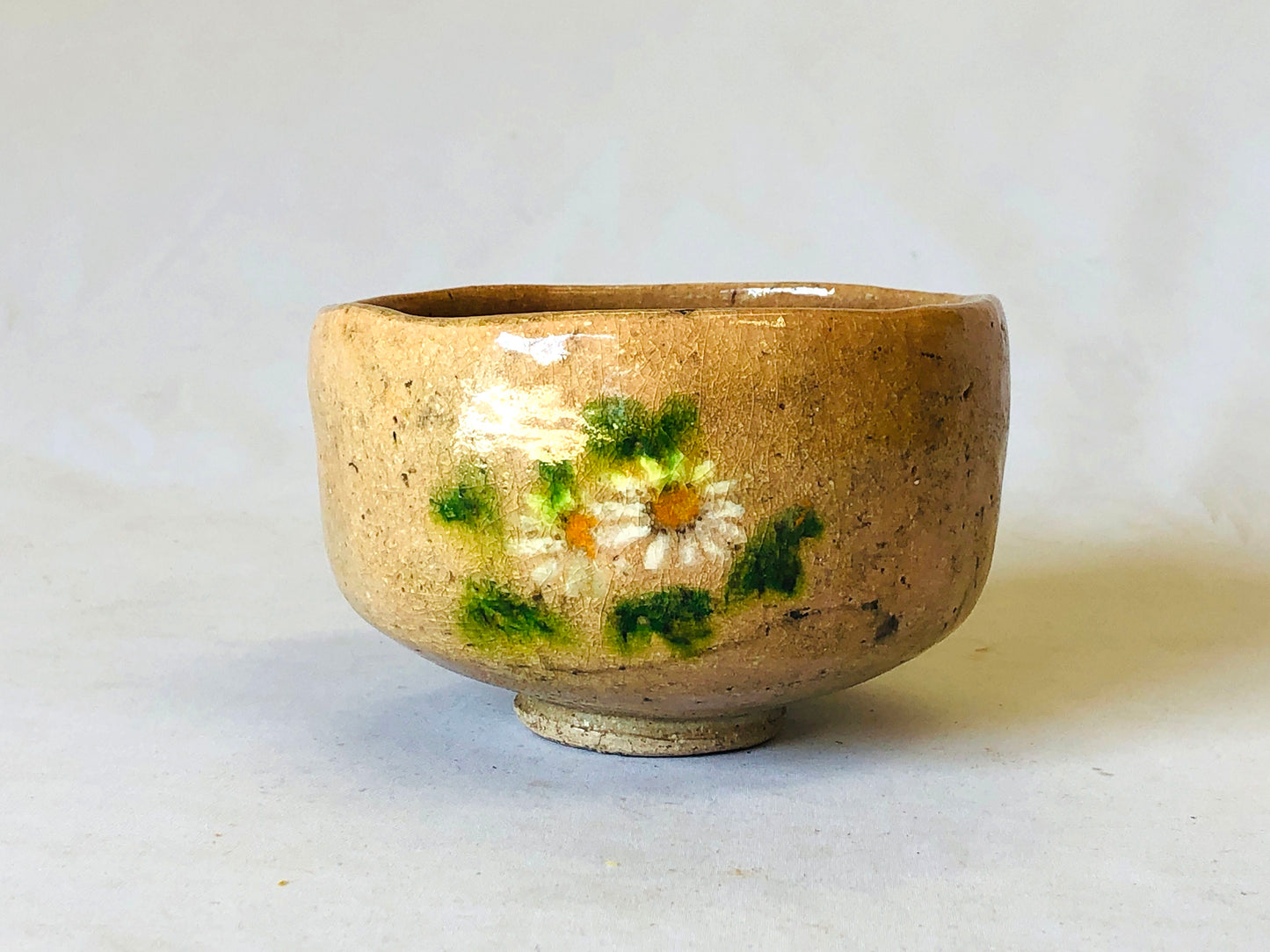 Y5039 CHAWAN Raku-ware signed box chrysanthemum Japan antique tea ceremony bowl