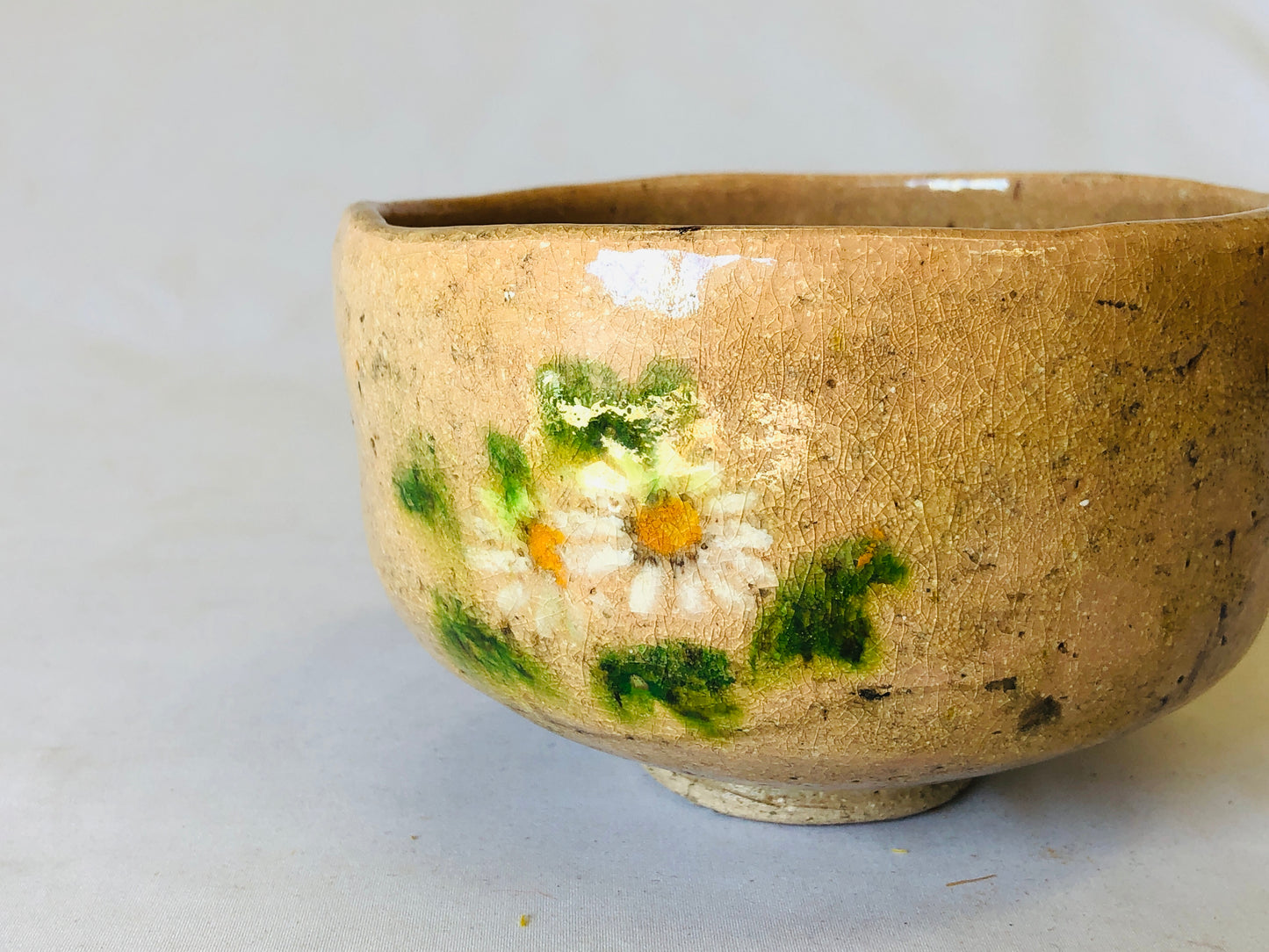 Y5039 CHAWAN Raku-ware signed box chrysanthemum Japan antique tea ceremony bowl