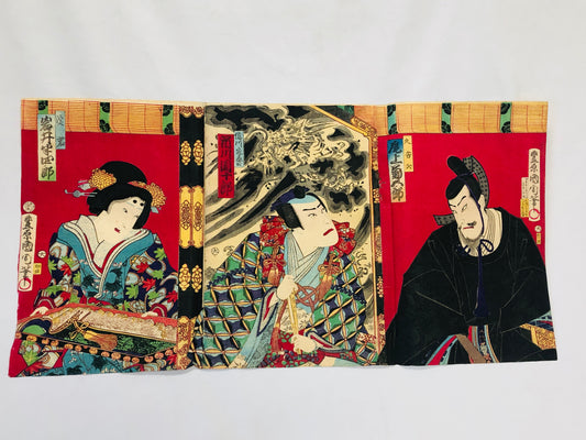 Y5054 WOODBLOCK PRINT Kunichika triptych actor Japan Ukiyoe art antique interior