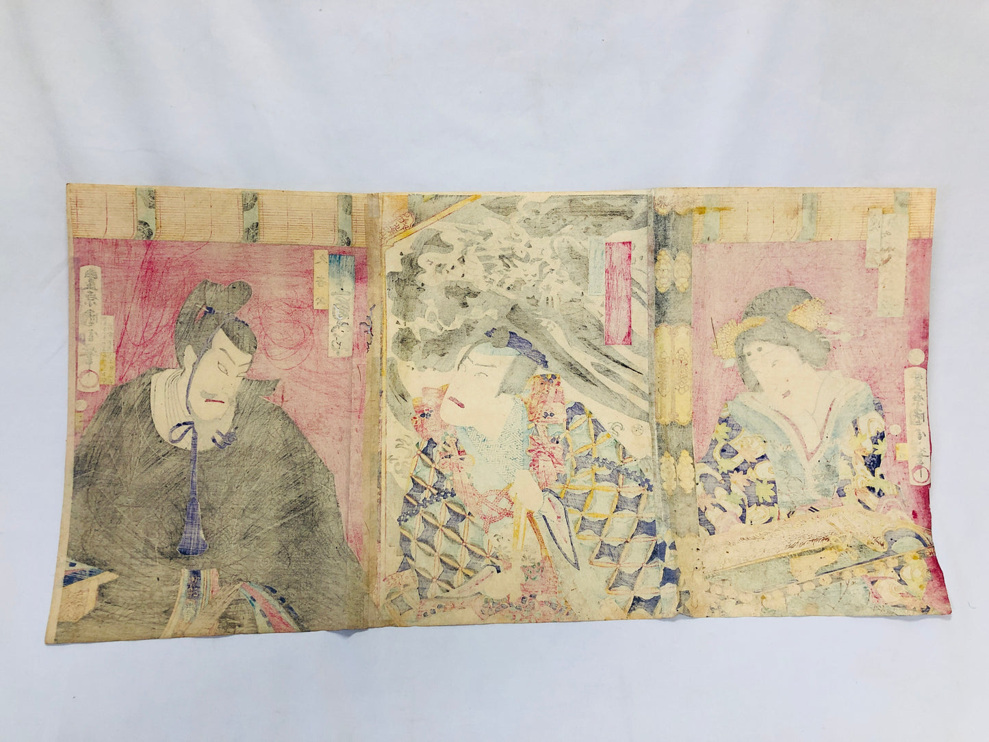 Y5054 WOODBLOCK PRINT Kunichika triptych actor Japan Ukiyoe art antique interior