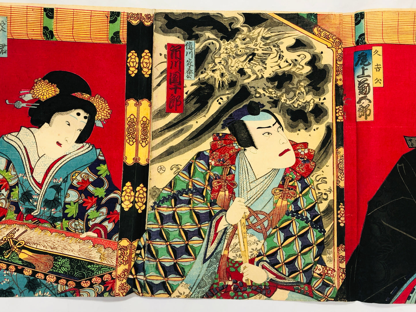 Y5054 WOODBLOCK PRINT Kunichika triptych actor Japan Ukiyoe art antique interior