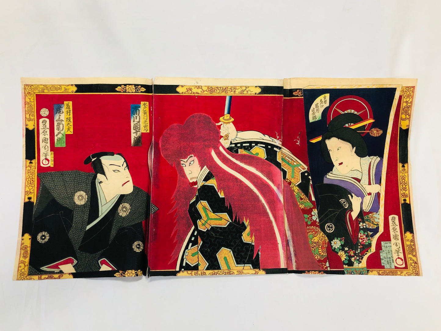 Y5055 WOODBLOCK PRINT Kunichika triptych actor Japan Ukiyoe art antique interior