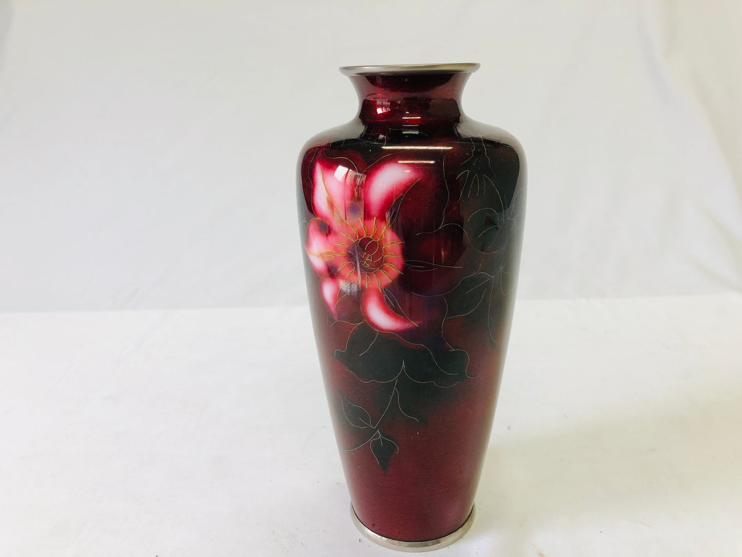 Y5117 FLOWER VASE Ando Cloisonne red flower signed Japan ikebana antique decor