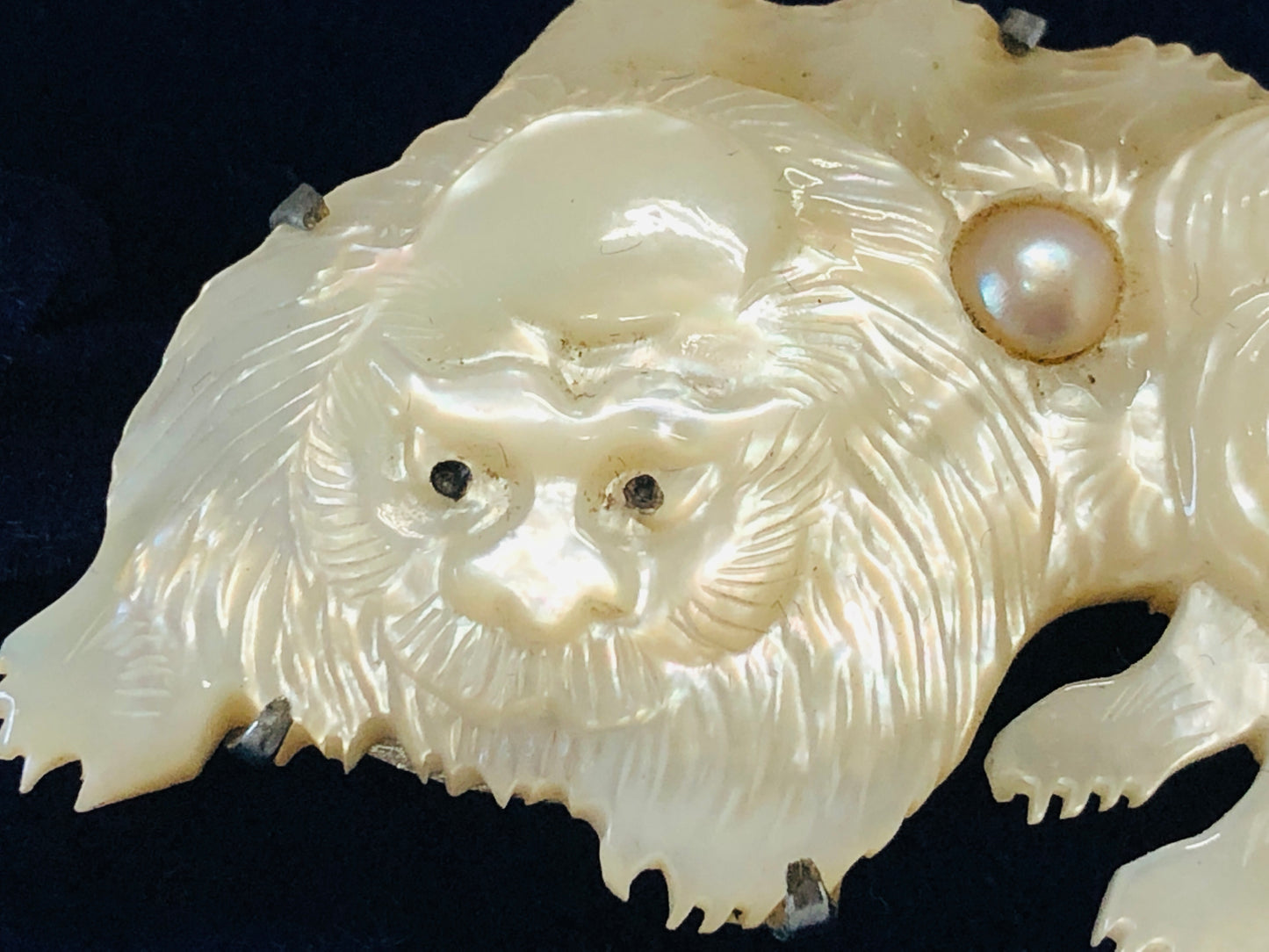 Y5132 OBIDOME Sash Clip brooch Lion pearl decoration box Japan Kimono antique