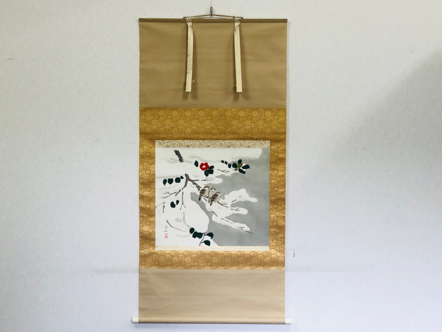 Y5193 KAKEJIKU Snow Sparrow signed box Japan hanging scroll interior wall decor