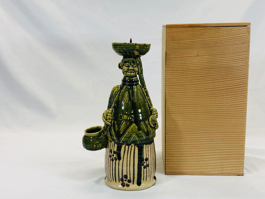 Y5208 STATUE Oribe-ware candlestick southern barbarian box Japan vintage antique