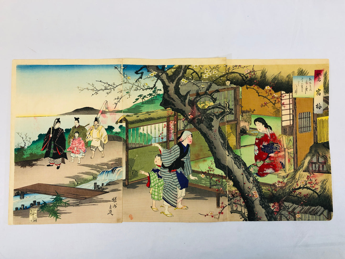 Y5226 WOODBLOCK PRINT Chikanobu triptych Nightingale dwelling plum Japan Ukiyoe