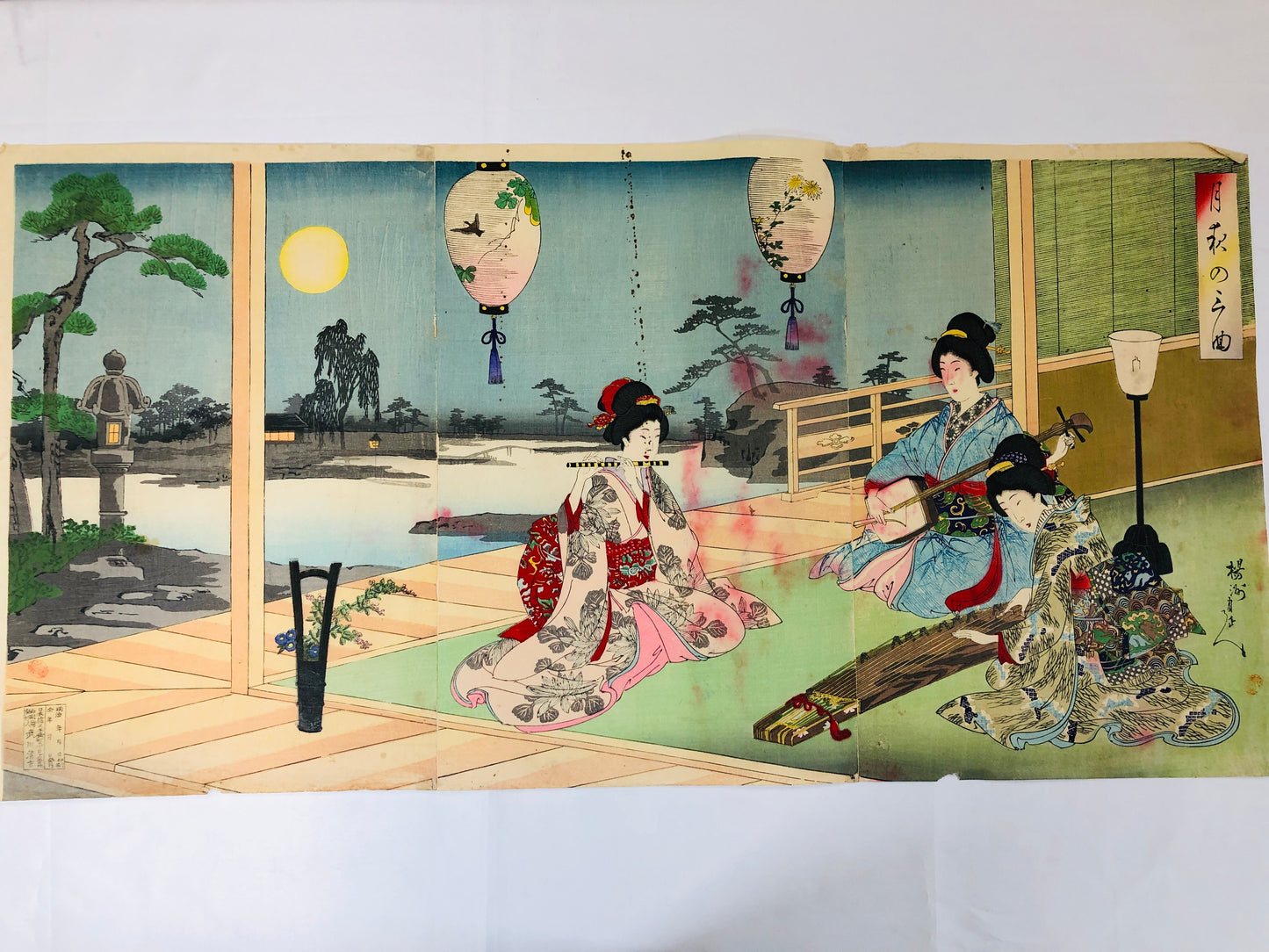 Y5227 WOODBLOCK PRINT Chikanobu triptych Music Autumn Night Japan Ukiyoe art