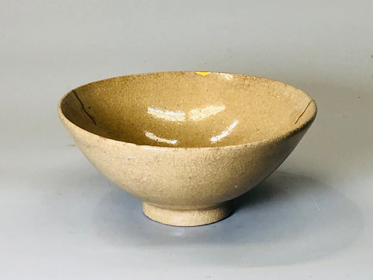 Y5239 CHAWAN Mino-ware flat kintsugi Japan antique tea ceremony pottery bowl