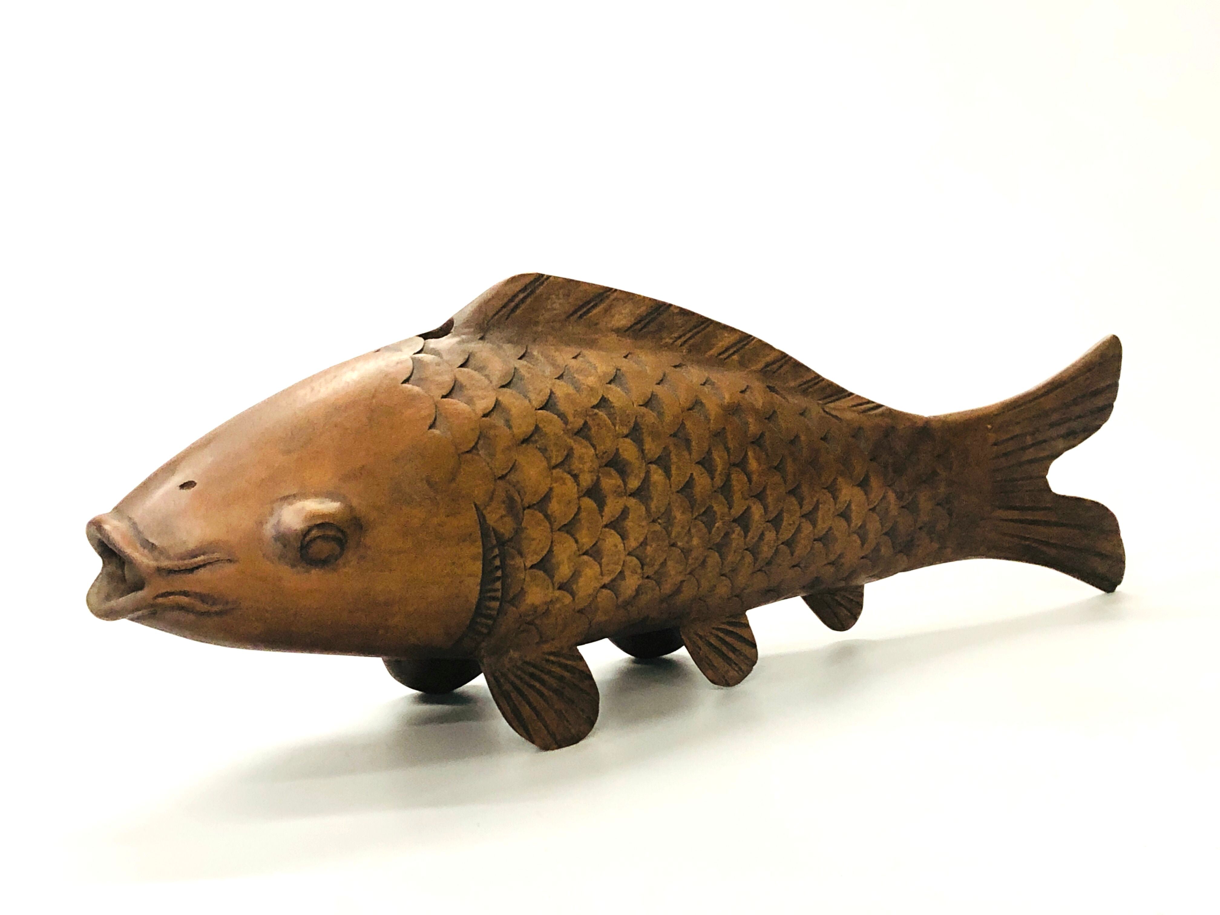Y5268 OKIMONO wood carving Koi fish figure figurine Japan antique 