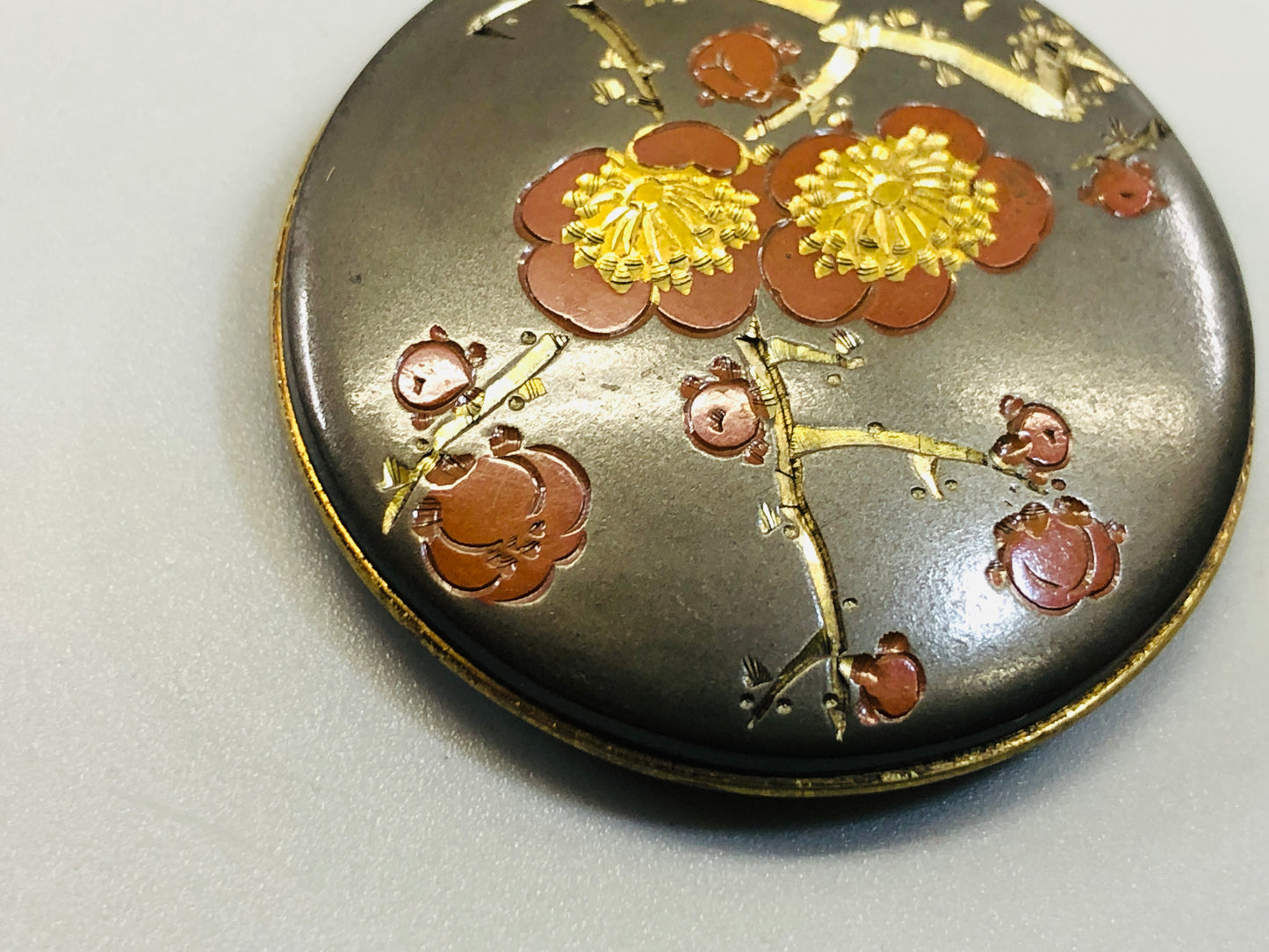 Y5307 OBIDOME metal Sash Clip sakura signed box Japan Kimono accessory antique